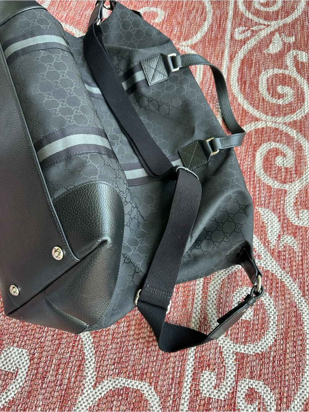 Gucci GG Nylon Duffle Bag Black Leather Trim Travel Weekender Shoulder Bag